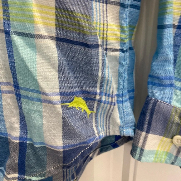 Tommy Bahama Large Preppy Blue Beach Coastal Cotton Tencel Button EUC Plaid - Picture 3 of 9